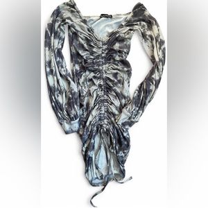 Prettylittlething off shoulder tie dye style dress with ruching in size 4